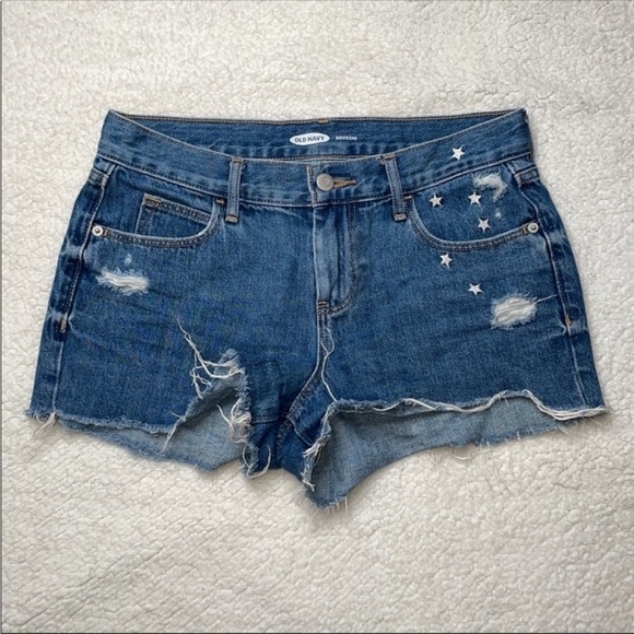 Old Navy Boyfriend Cut Off Jeans Denim embroidered Stars Distressed Size 0 - Picture 1 of 6
